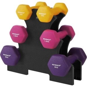Halterset met standaard - Gewichtenset fitness - Krachttraining thuis - Zesdelig met houder - Tot 2 kg - Geel roze paars