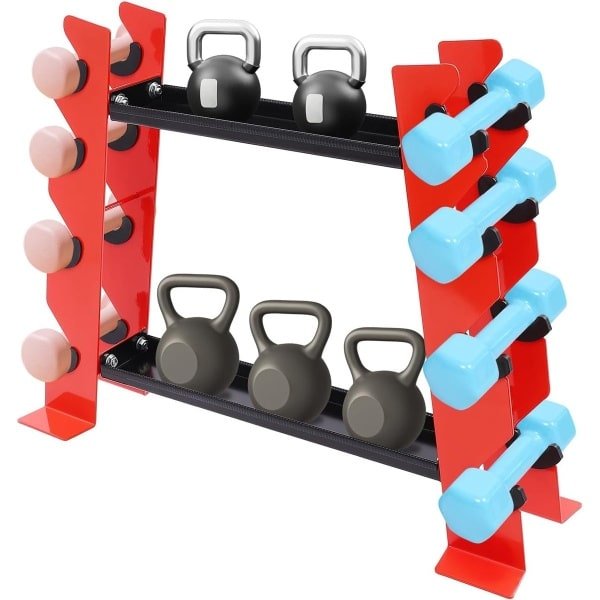Halterstandaard - Gewichtshouder - Krachttraining organiseren - 8 planken 2 niveaus - 71x20.5x53 cm - Rood/zwart