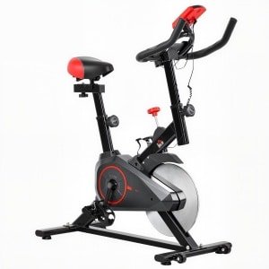 Hometrainer, fitnessfiets met hartslagmeter, LCD-display, iPad-houder, verstelbaar zadel en weerstand, fitnessfiets voor thuis, indoor cardiotraining 85 x 46 x 114 cm