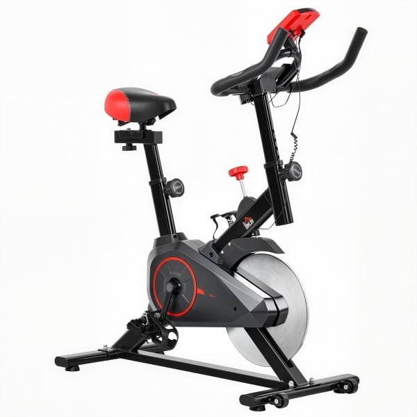 Hometrainer, fitnessfiets met hartslagmeter, LCD-display, iPad-houder, verstelbaar zadel en weerstand, fitnessfiets voor thuis, indoor cardiotraining 85 x 46 x 114 cm