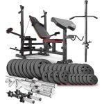 Hop-Sport HS-1075 Halterbank Krachtstation - Complete set met halterstang en halters - 75 tot 173 kg - Lat pull toren - Krachttraining thuis