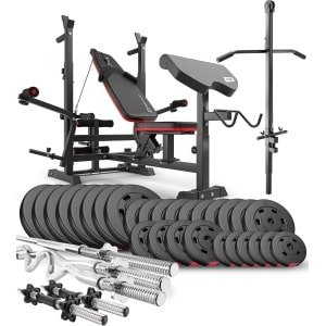 Hop-Sport HS-1075 Halterbank Krachtstation - Complete set met halterstang en halters - 75 tot 173 kg - Lat pull toren - Krachttraining thuis