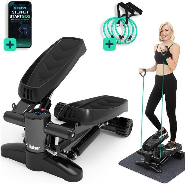 Hulser Stepper met display - Met weerstandsbanden - Inclusief startgids - Home gym fitnessapparaat - Thuis sporten - Fitness Swing - Mini cardio home trainer
