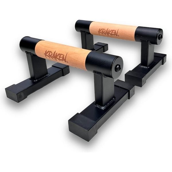KRAKEN Parallettes 12 CM | Premium Houten Grip Push Up Bar (Opdruksteunen) Dip Bars | voor Krachttraining, Turnen, Gynmnastiek, Calisthenics | Hoge kwaliteit liggers en metaal | High Grip | Blessure preventie | Opdrukset met hoogte 12 CM