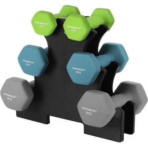 MIRA Home Halterset - Opbergstandaard - Sportkamer - Krachttraining Antislip neopreen coating - 3 paar, 2 x 1 kg, 2 x 2 kg, 2 x 3 kg