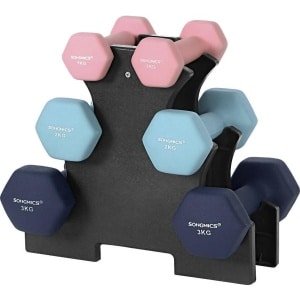 MIRA Home Halterset - Opbergstandaard - Sportkamer - Krachttraining - antislip neopreen coating - 3 paar, 2 x 1 kg, 2 x 2 kg, 2 x 3 kg