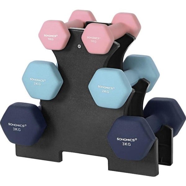 MIRA Home Halterset - Opbergstandaard - Sportkamer - Krachttraining - antislip neopreen coating - 3 paar, 2 x 1 kg, 2 x 2 kg, 2 x 3 kg