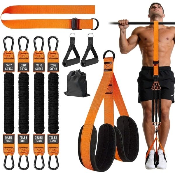 Optrekhulp Bandenset - Weerstandsbanden Fitness - Krachttraining Thuis - Verstelbare Banden - 8 Delige Set - Oranje