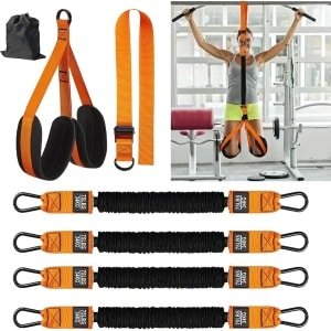 Optrekhulp Set - Weerstandsbanden Krachttraining - Eigen Gewichtstraining - 4 Banden 136kg - Met Voetsteunen - Zwart Oranje