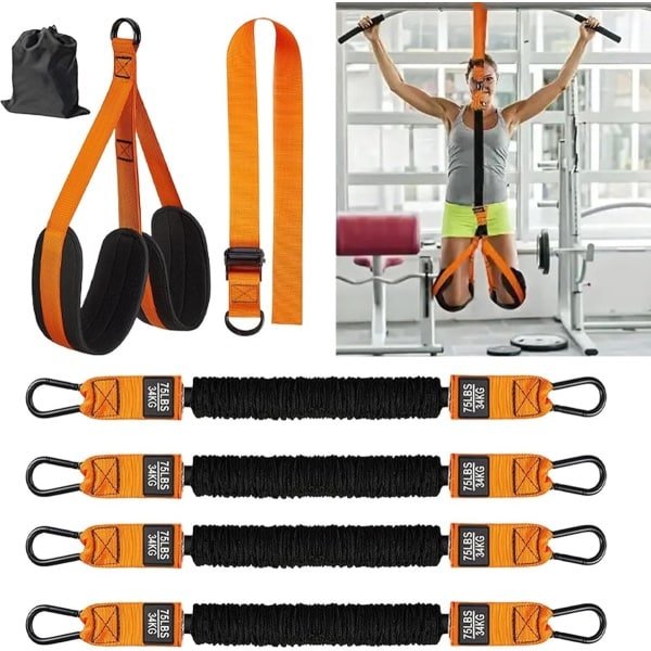 Optrekhulp Set - Weerstandsbanden Krachttraining - Eigen Gewichtstraining - 4 Banden 136kg - Met Voetsteunen - Zwart Oranje