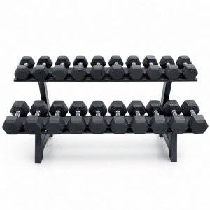 PH Fitness Hexa Dumbbell Voordeelset 2-20 KG (220 KG Totaal, 2 KG Stappen) met 2-laags rack - Hex / Hexagon Dumbbells & Dumbells - Inclusief Stevig Dumbbell Rack - Voor Krachttraining, Crossfit & Thuisgebruik