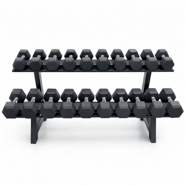 PH Fitness Hexa Dumbbell Voordeelset 2-20 KG (220 KG Totaal, 2 KG Stappen) met 2-laags rack - Hex / Hexagon Dumbbells & Dumbells - Inclusief Stevig Dumbbell Rack - Voor Krachttraining, Crossfit & Thuisgebruik