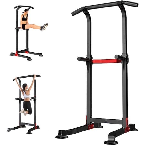 Power Tower Optrekstang - Fitness Toren Krachttraining - Thuis Trainen - In Hoogte Verstelbaar - 210 cm - Zwart Rood