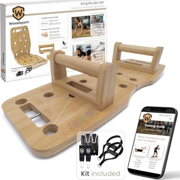 Premium bamboe push-up board - 65 cm opvouwbare pompplank met krachttraining elastieken en 30-in-1 trainingshandleiding