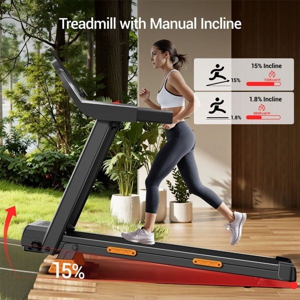ROBORE SF20 opvouwbare loopband voor thuisgebruik met 15% hellingshoek, snelheid van 12 km/u, maximaal draagvermogen van 136 kg, stille borstelloze 3,0 pk motor, loopvlak van 97 x 40 cm, drievoudige schokdemping en 7-laags demping.
