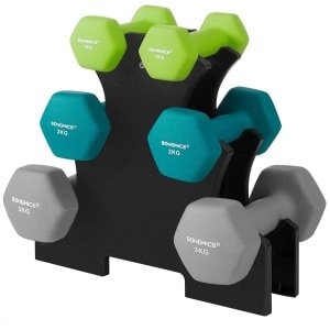 SONGMICS Halterset, 3 paar, 2 x 1 kg, 2 x 2 kg, 2 x 3 kg, opbergstandaard, sportkamer, krachttraining, antislip neopreen coating