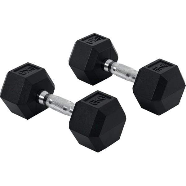 Set van 2 Halters 16 KG Totaal - Rubberen Zeshoekige Gewicht voor Krachttraining en Fitness