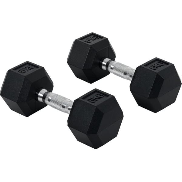 Set van 2 Halters 16 KG Totaal - Rubberen Zeshoekige Gewicht voor Krachttraining en Fitness
