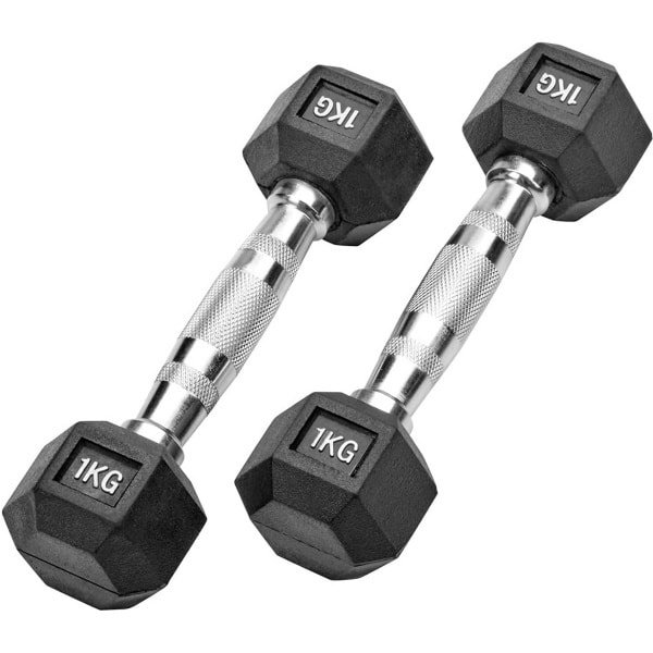 Set van 2x 1kg Zeshoekige Halters Rubberen Studio Gewichten voor Fitness en Krachttraining