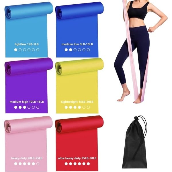 Set van 6 Weerstandsbanden voor Fitness en Krachttraining, 1,5m Elastische Gymnastiekbanden