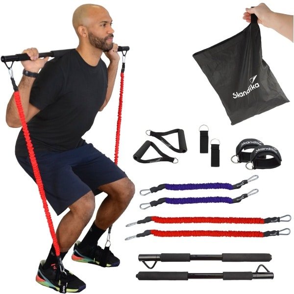Skandika multi-weerstandsbanden met stang - Pilates bar met resistance bands, krachttraining, 3 weerstandsniveaus, online trainingsgids, veel accessoires, fitnesstraining, te gebruiken met Nemo IV en V3000
