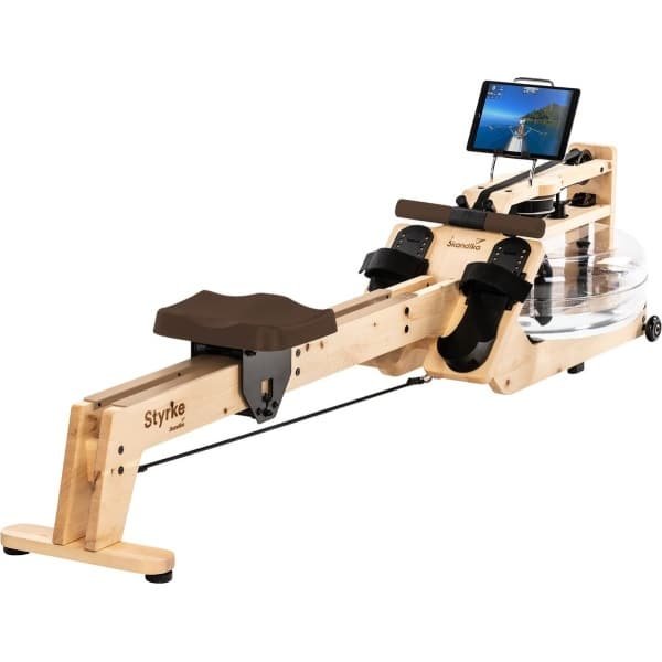 Skandika waterroeier Styrke Premium - Made in Germany, alpenden uit Oostenrijk, roeimachine water van hout, Kinomap app-functie, roeitrainer voor thuis, tot 180 kg