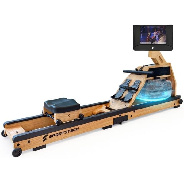 Sportstech AquaElite roeitrainer met water voor thuis, inklapbaar, LED-watertank, 10" display met app, 360° draaibaar