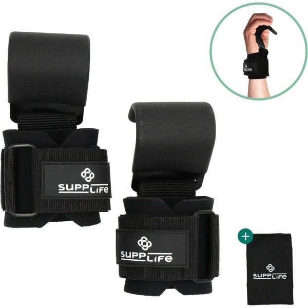 Supplife Lifting Hooks - Lifting Straps - Weightlifting Straps - Gym - Fitness, Powerlifting, CrossFit & Krachttraining - Workout - Deadlift Straps - Lift Haak- Zwart
