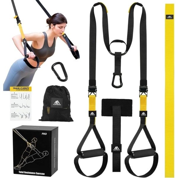 Suspensietrainer Set - Fitness Sling Trainer - Thuis Krachttraining - Verstelbare Lengte 300kg Belasting - Hoofdband 1.4-1.9m - Geel Zwart