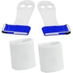 Turnleertjes Bailie Blauw maat 3/L (1 paar) met Korte Witte Polsbanden (1 paar) Turnen Gymnastiek Beginners Leertjes Grips Turnen Gymnastiek Crossfit Leer Bescherming Handen Brug Rekstok Ringen