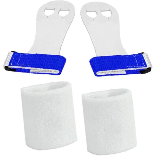 Turnleertjes Bailie Blauw maat 3/L (1 paar) met Korte Witte Polsbanden (1 paar) Turnen Gymnastiek Beginners Leertjes Grips Turnen Gymnastiek Crossfit Leer Bescherming Handen Brug Rekstok Ringen