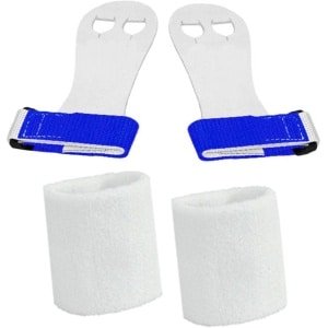 Turnleertjes Bailie Blauw maat 4/XL (1 paar) met Korte Witte Polsbanden (1 paar) Turnen Gymnastiek Beginners Leertjes Grips Turnen Gymnastiek Crossfit Leer Bescherming Handen Brug Rekstok Ringen