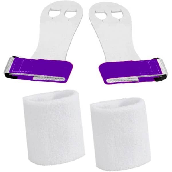 Turnleertjes Bailie Paars maat 2/M (1 paar) met Korte Witte Polsbanden (1 paar) Turnen Gymnastiek Beginners Leertjes Grips Turnen Gymnastiek Crossfit Leer Bescherming Handen Brug Rekstok Ringen