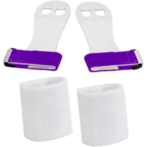 Turnleertjes Bailie Paars maat 3/L (1 paar) met Korte Witte Polsbanden (1 paar) Turnen Gymnastiek Beginners Leertjes Grips Turnen Gymnastiek Crossfit Leer Bescherming Handen Brug Rekstok Ringen