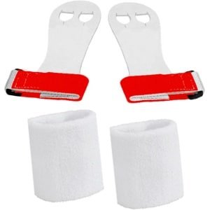 Turnleertjes Bailie Rood maat 1/S (1 paar) met Korte Witte Polsbanden (1 paar) Turnen Gymnastiek Beginners Leertjes Grips Turnen Gymnastiek Crossfit Leer Bescherming Handen Brug Rekstok Ringen