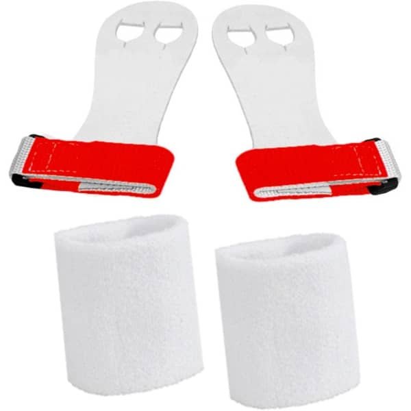 Turnleertjes Bailie Rood maat 3/L (1 paar) met Korte Witte Polsbanden (1 paar) Turnen Gymnastiek Beginners Leertjes Grips Turnen Gymnastiek Crossfit Leer Bescherming Handen Brug Rekstok Ringen