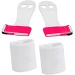 Turnleertjes Bailie Roze maat 1/S (1 paar) met Korte Witte Polsbanden (1 paar) Turnen Gymnastiek Beginners Leertjes Grips Turnen Gymnastiek Crossfit Leer Bescherming Handen Brug Rekstok Ringen