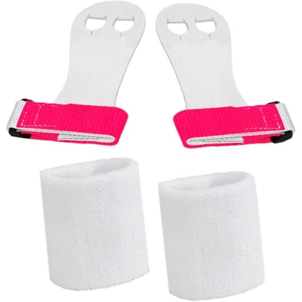 Turnleertjes Bailie Roze maat 1/S (1 paar) met Korte Witte Polsbanden (1 paar) Turnen Gymnastiek Beginners Leertjes Grips Turnen Gymnastiek Crossfit Leer Bescherming Handen Brug Rekstok Ringen