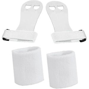 Turnleertjes Bailie Wit maat 3/L (1 paar) met Korte Witte Polsbanden (1 paar) Turnen Gymnastiek Beginners Leertjes Grips Turnen Gymnastiek Crossfit Leer Bescherming Handen Brug Rekstok Ringen