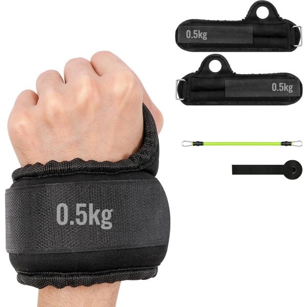 Tweedelig set - Polsgewichtheffer - Enkelgewichtheffer - 0,5 kg - Verstelbaar - Met duimlus - Antislip ontwerp - Inclusief bandjes en stoppers - Geschikt voor hardlopen, krachttraining en wandelen - Unisex - Zwart