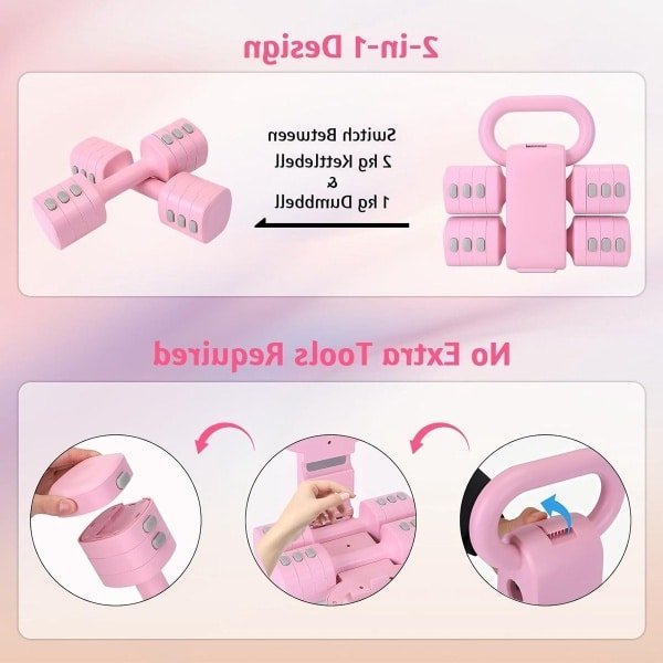 Verstelbaar Kettlebell Set voor Thuis Fitness, 2-in-1 Dumbbell en Kettlebell, Ideaal voor Krachttraining en Gewichtsverlies, 1 kg, Roze, Geschikt voor Vrouwen