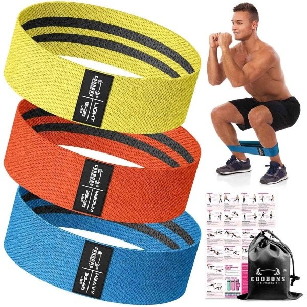 Weerstandsbanden Stof - Booty Bands - Krachttraining Yoga - Anti-slip Niet Rollend - 36 cm Lang - Geel Oranje Blauw