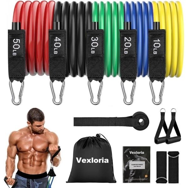 Weerstandsbandenset - 5 Fitnessbanden met Grote Handvatten, Enkelbanden, Deuranker en Draagtas voor Pilates, Krachttraining en Revalidatie