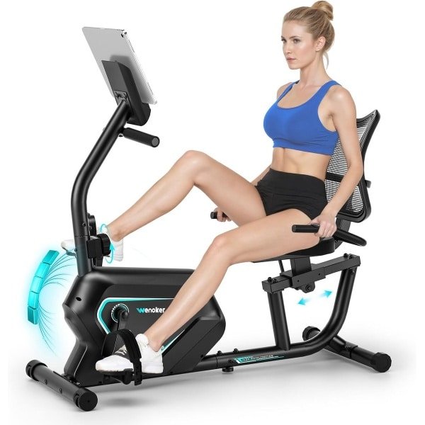 Wenoker Hometrainer met magneetrem, hartslagsensoren en lcd-display, 8 weerstandsniveaus, zitergometer met rugleuning, voor thuis, tot 160 kg