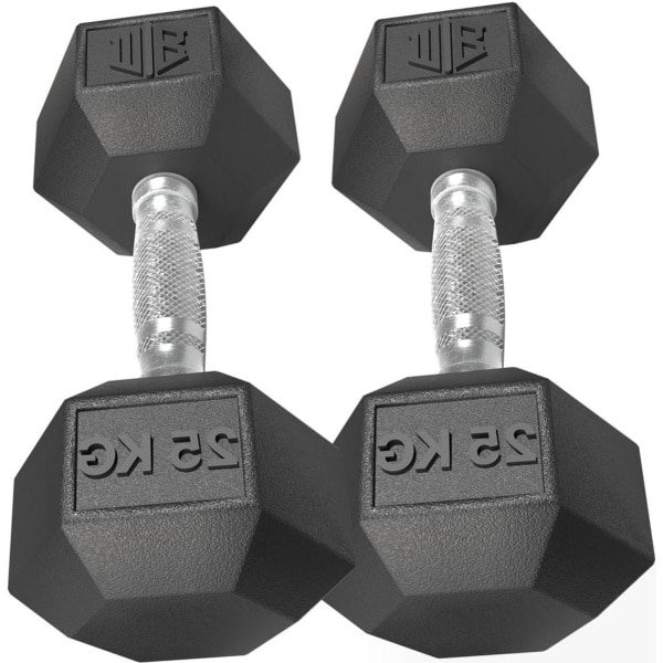 Zeshoekige Halters - Rubber Halters - Krachttraining Thuis - Ergonomisch Antislip Ontwerp - 2 x 25 kg - Zwart