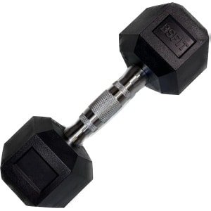 Zeshoekige halter met chromen handvat en rubberen coating, ideaal voor krachttraining